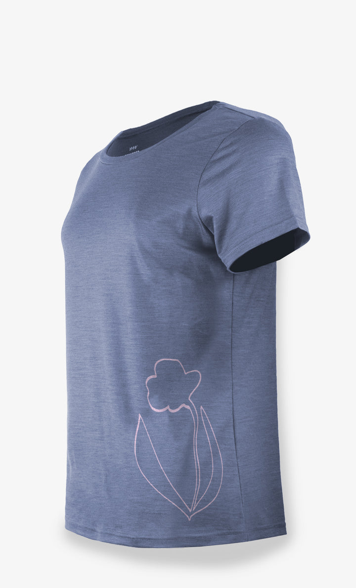 Women's Merino T-Shirt Blue Grey Ultra Light - Flower Power