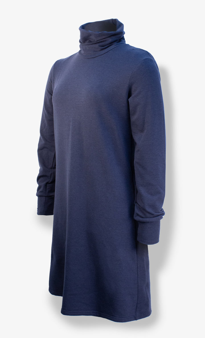 Women's Tencel Wadded Dress Navy - Funnel collar