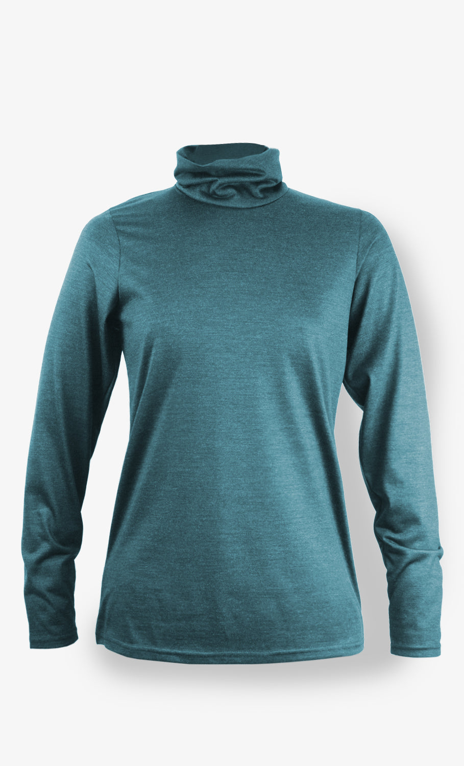 Haut à col roulé pour femme en laine mérinos turquoise, manches longues, vu de face.