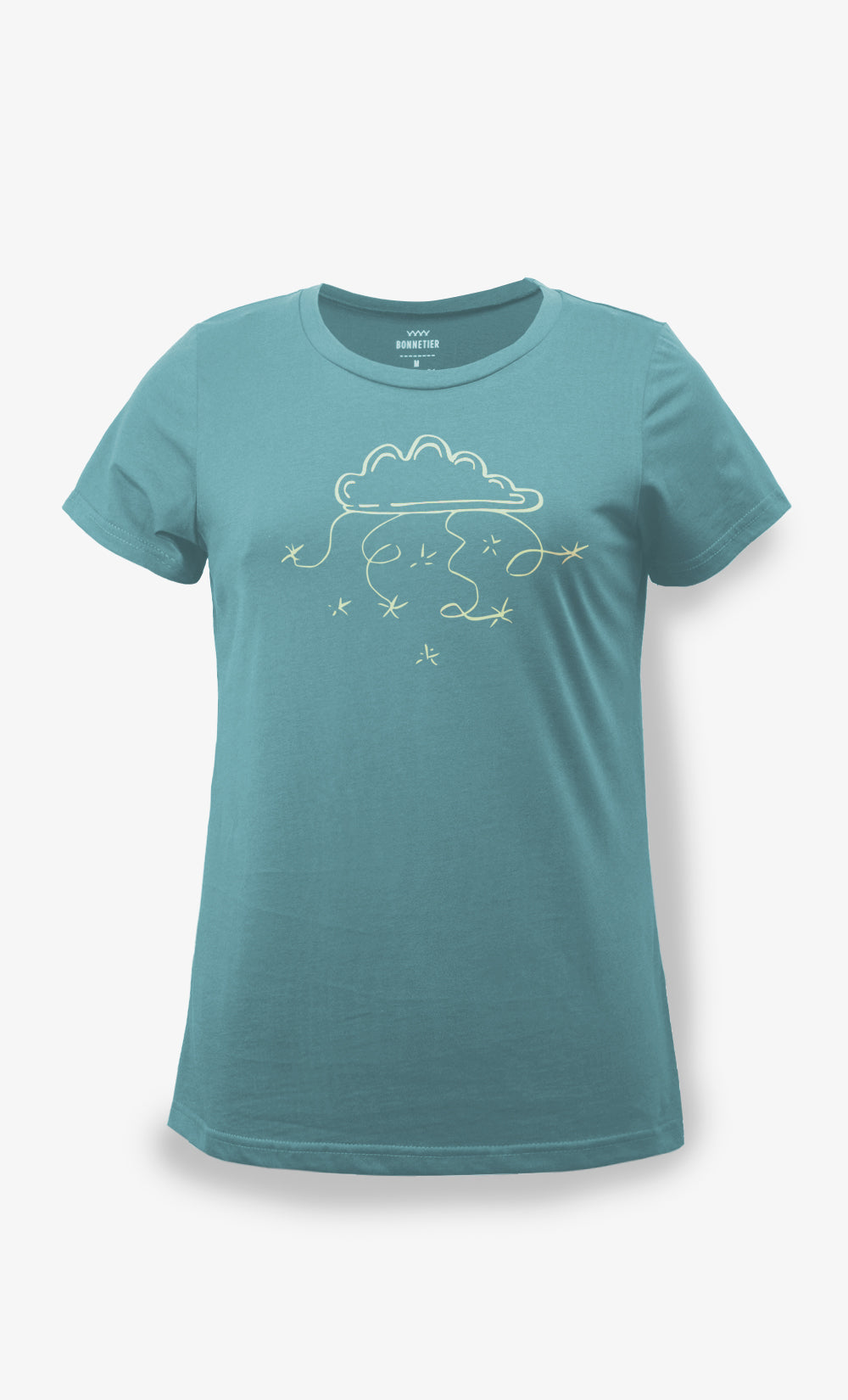 T-shirt AHA turquoise pour femme en coton biologique avec imprimé Nuage blanc, manches courtes, fabriqué au Canada par BONNETIER.