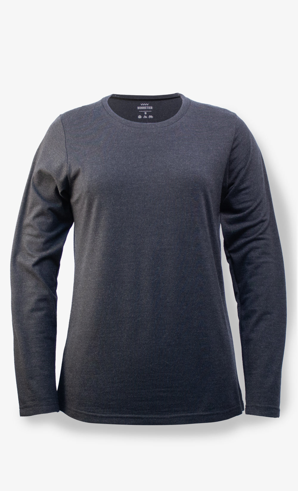 Chandail TechPro Flanelle femme en laine mérinos noir chiné uni, manches longues, fabriqué au Canada par BONNETIER.