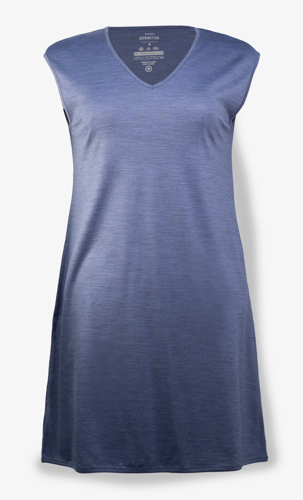 Robe femme en laine mérinos bleu-gris chiné avec poches latérales BONNETIER vue de face