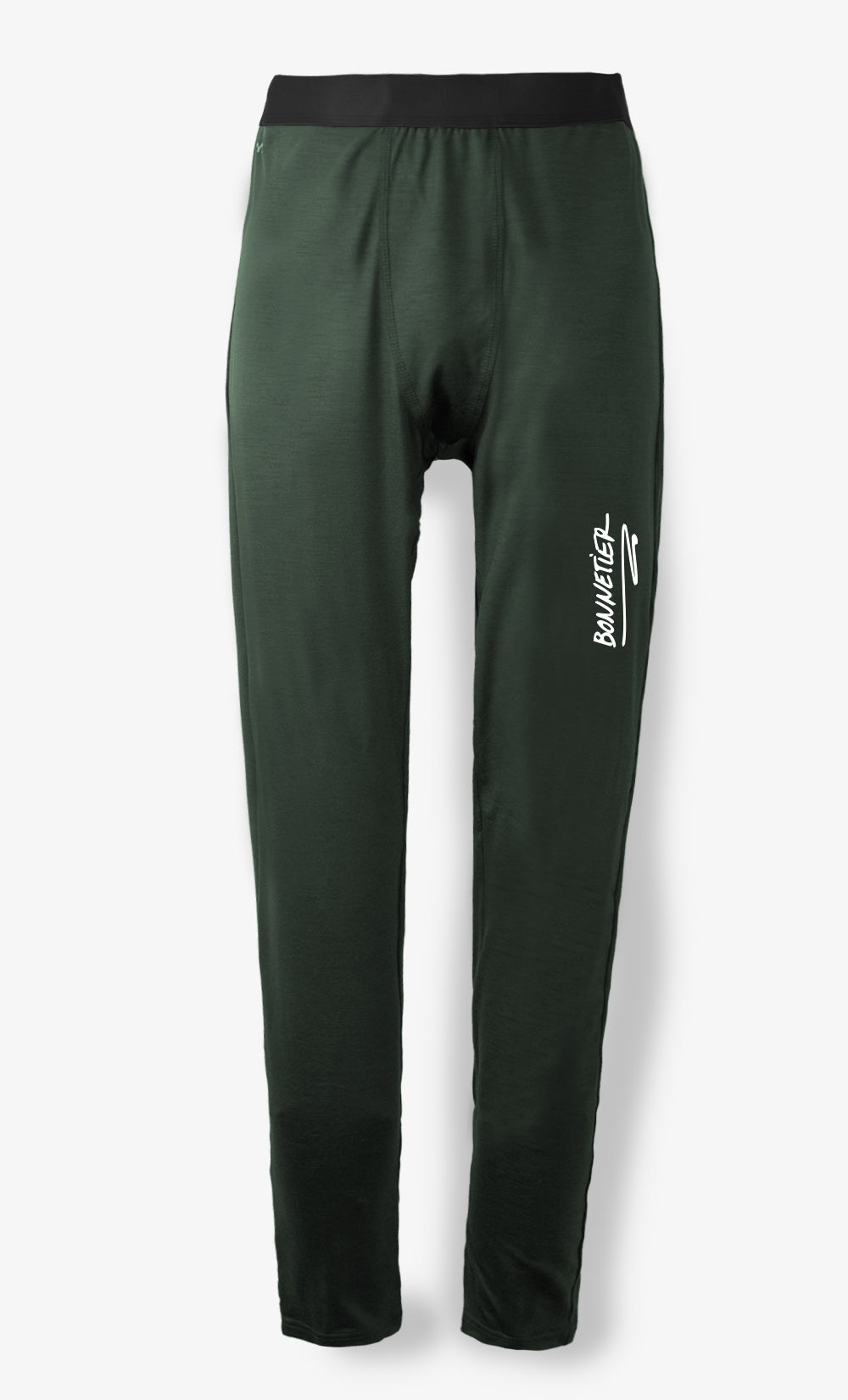 Legging vert foncé pour homme en laine mérinos BONNETIER avec logo imprimé sur la cuisse gauche.