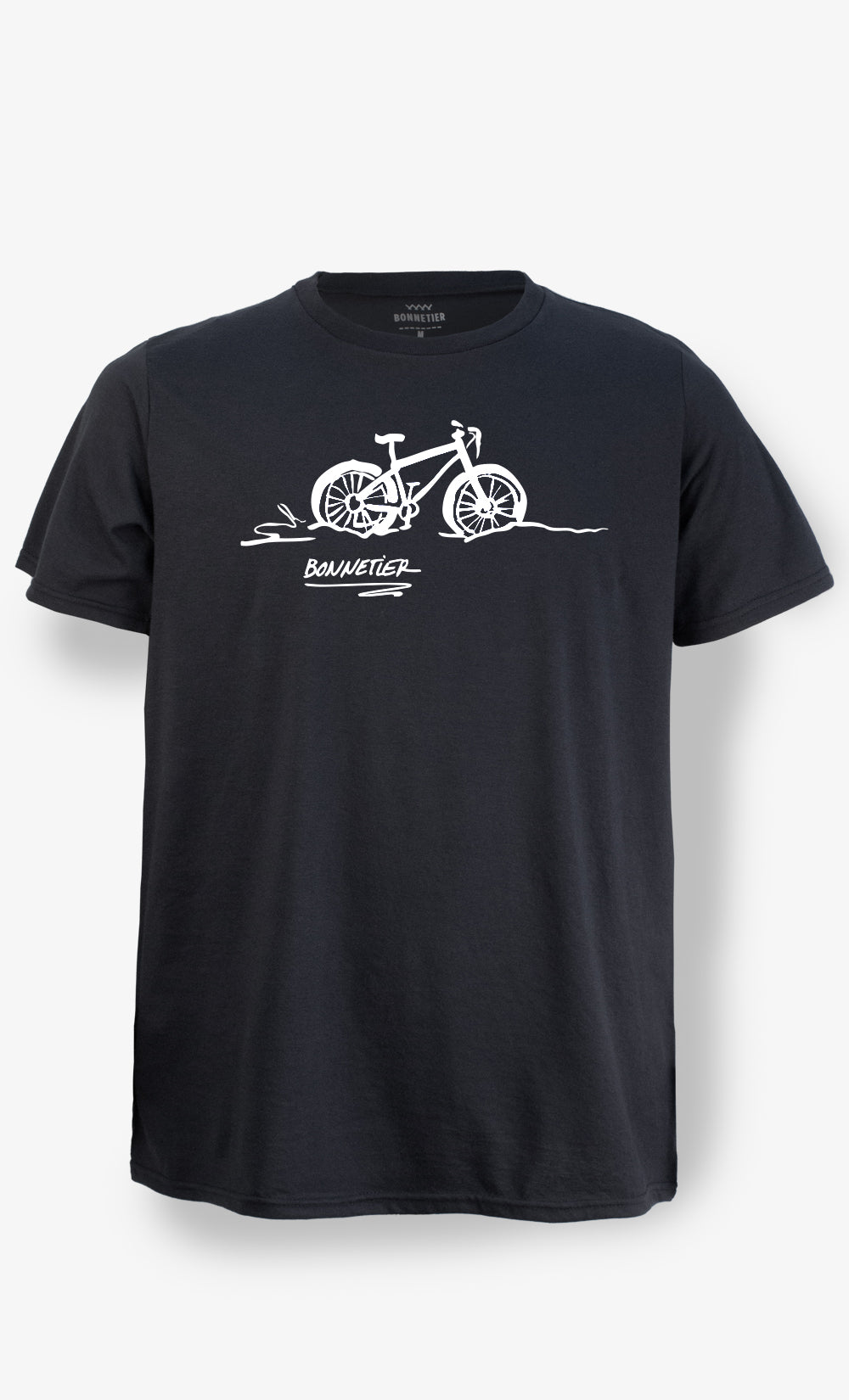 T Shirt pour Homme Noir, avec imprimé Fat ride. Mélange de coton organique et de polyester recyclé.