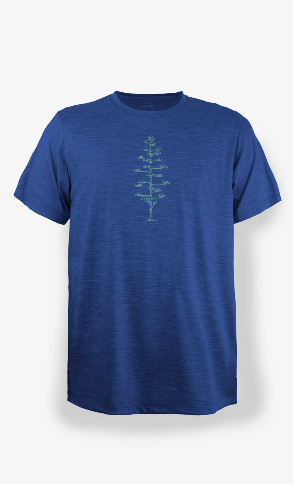 T-shirt mérinos bleu chiné BONNETIER avec imprimé arbre Hinoki sur la poitrine, tissu ultra léger respirant fabriqué au Canada